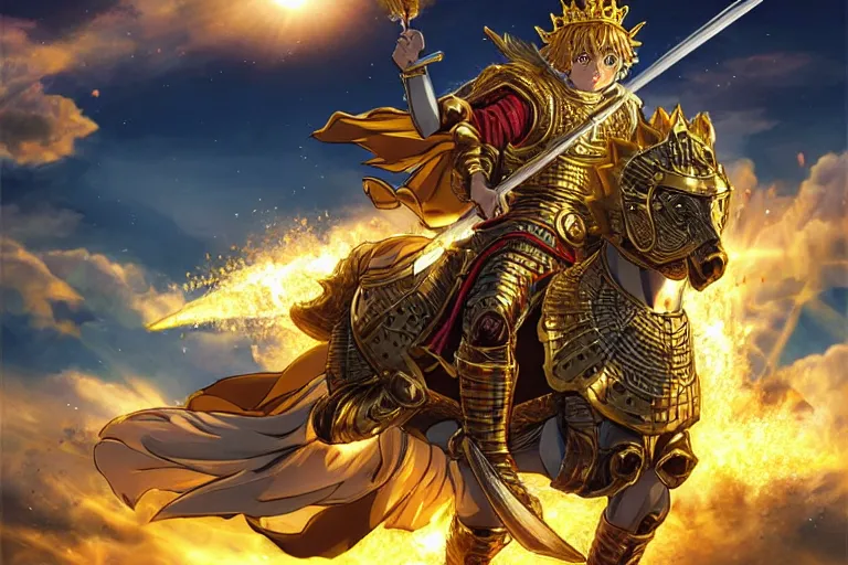 Image similar to an ultra detailed portrait of king richard the lionhearted as a shonen anime protagonist charging into battle wearing bright gold armor and riding a horse bless by god, 8 k, volumetric lighting, smooth, highly detailed, digital illustration, art by kentaro miura and akira toriyama and artgerm