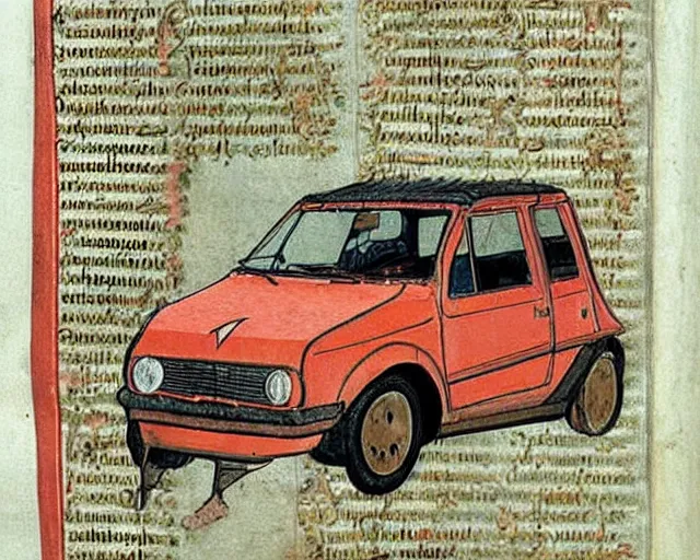 Image similar to Page from illuminated medieval manuscript showing a rusty Fiat 126p