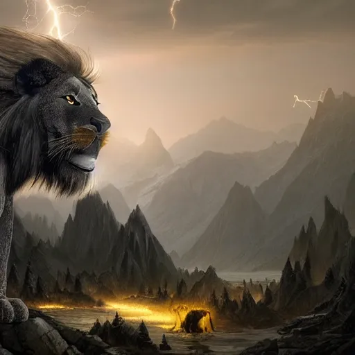 Image similar to black lion's god with fur made from gold lightnings surrounded by epic forest and mountains, colossal scale, epic cinematic shot, hyperdetails, 8k, by Evgeniy Antonenkov and raphael lacoste