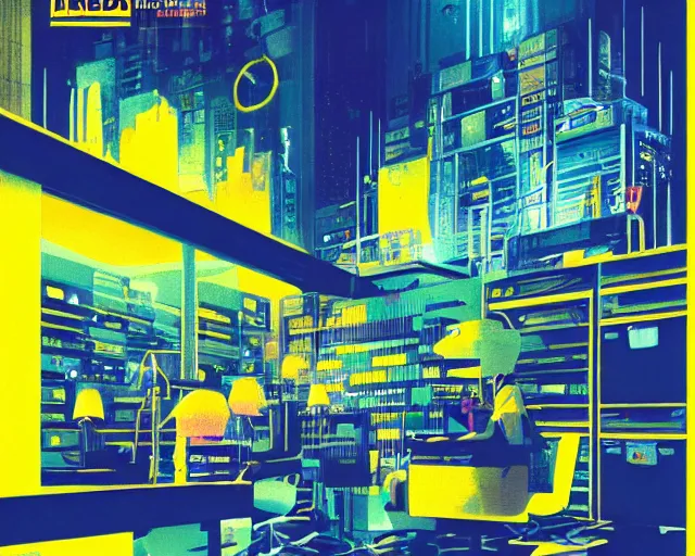 Prompt: IKEA catalogue photo of a cyberpunk office, by Paul Lehr