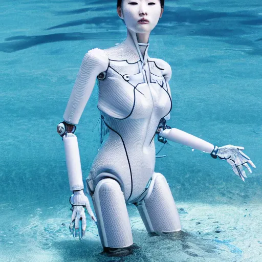 Image similar to beautiful centered Fine art photo portrait of HoYeon Jung as a solarpunk robotic humanoid treading on water, white mechanical parts with led lights, photorealistic, white background, highly detailed and intricate, sun lighting, HDR 8k