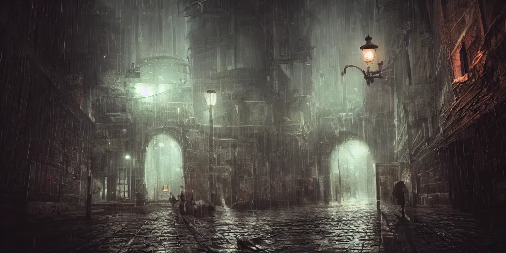 Image similar to A hauntingly beautiful city in a dark cavern, rainy and gloomy atmosphere, fantasy digital art, octane render, beautiful composition, trending on artstation, award-winning photograph, masterpiece