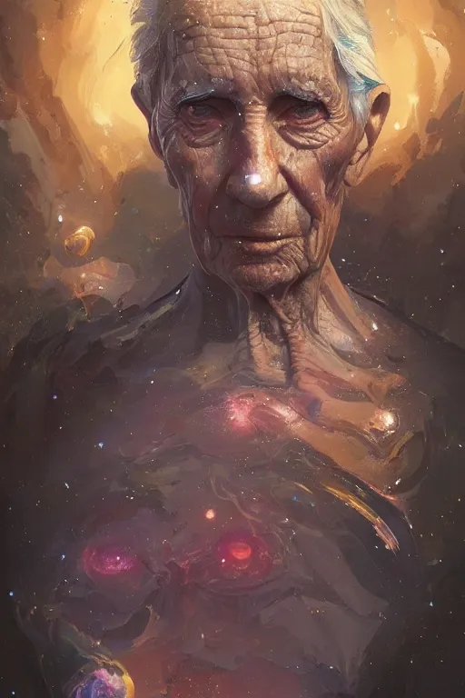 Image similar to the look of an elderly person full of wrinkles and imperfections by artgem and greg rutkowski, highly detailed, vivid colors, trippy, nebula, trending on artstation