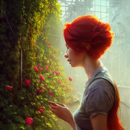 Image similar to red hair girl, chernobyl powerplant, disneyland castle, rubble, flowers, vines, hyperrealistic, highly detailed, cinematic, single ray of golden sunlight, beautiful, cgssociety, artstation, 8 k, oil painting by greg rutkowski, by artgerm, by wlop