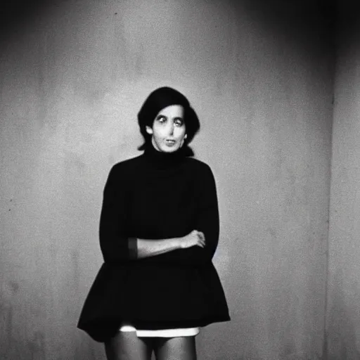 Image similar to black and white photo of a young woman wearing a turtleneck standing inside a brutalist building, 1976