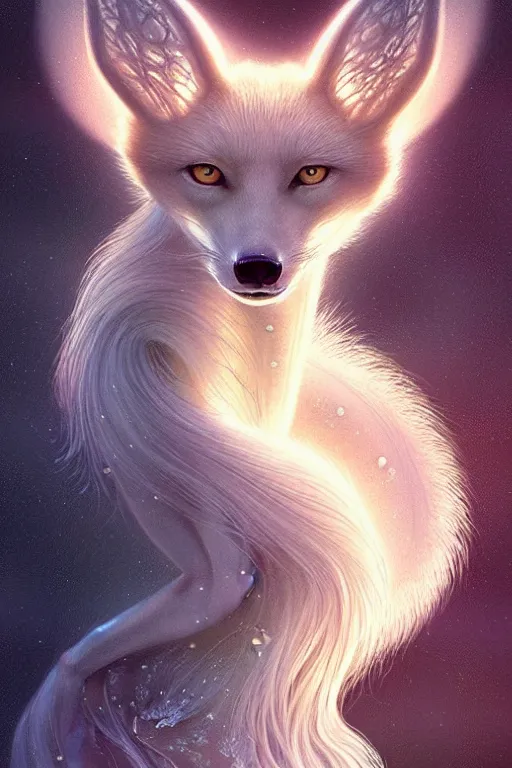 Prompt: complete and delicate portrait of a white nine - tailed fox, beautiful, agile, fairy, myth, legend, detailed, trending on artstatioin, light effects, kilian eng, john harris, bastien lecouffe - deharme