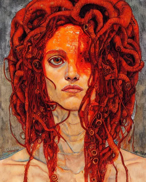 Image similar to portrait of orange medusa by greg rutkowski in the style of egon schiele