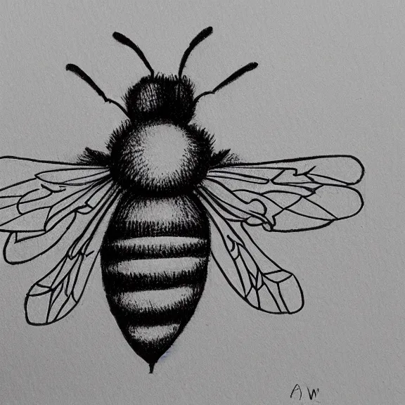 Image similar to a pencil drawing of a bee flying over a flower. by pen tacular