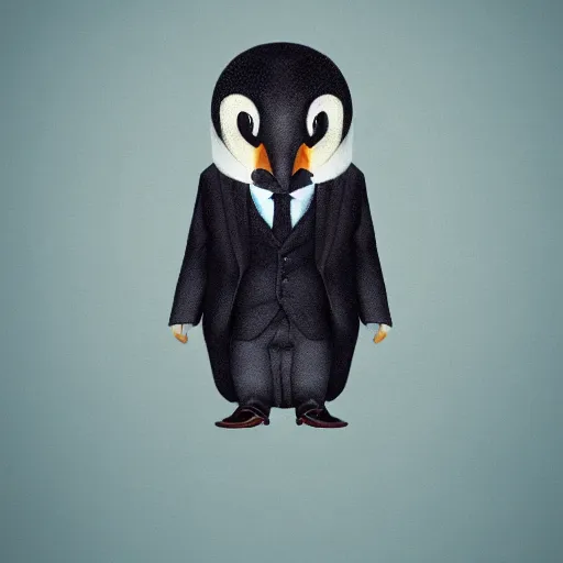 Prompt: Photo of penguin in a suit, blue penguin, hair, godfather, symmetrical, dark background, smoke, realistic, highly detailed, trending on artstation,