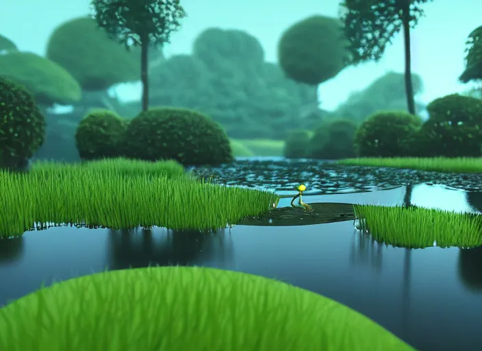 Image similar to a tadpole in a pond, vaporwave, foresty background. raining, 15mm. in the style of studio ghibli, Very detailed 8k. Sharp. Cinematic post-processing. Unreal engine. Nanite. Ray tracing. Parallax. Tessellation