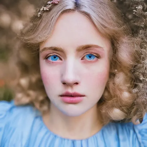 Image similar to portrait of a young lady in a light blue dress 1 9 0 0 s entire face shown in great detail, looking at the camera, full body in camera, blonde hair, garden, photorealistic, extreme detail, sharp focus, 8 k, intricate, hyper detailed, realistic, cinematic lighting