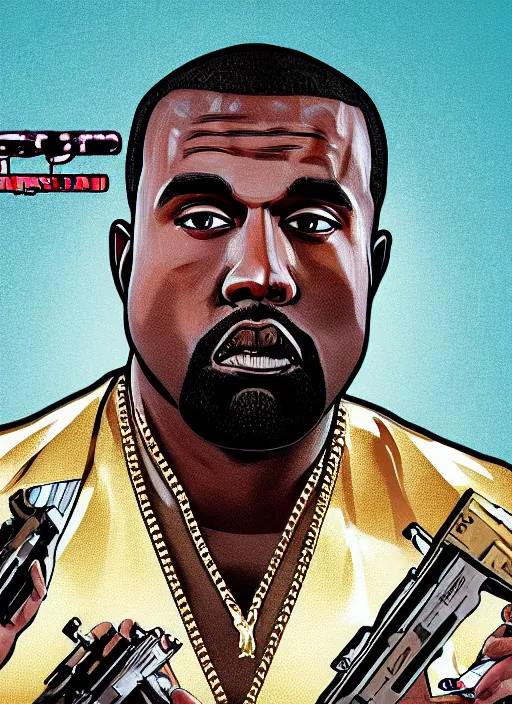 Prompt: illustration gta 5 artwork of holy saint kanye west, gold, ( jesus ), in the style of gta 5 loading screen, by stephen bliss