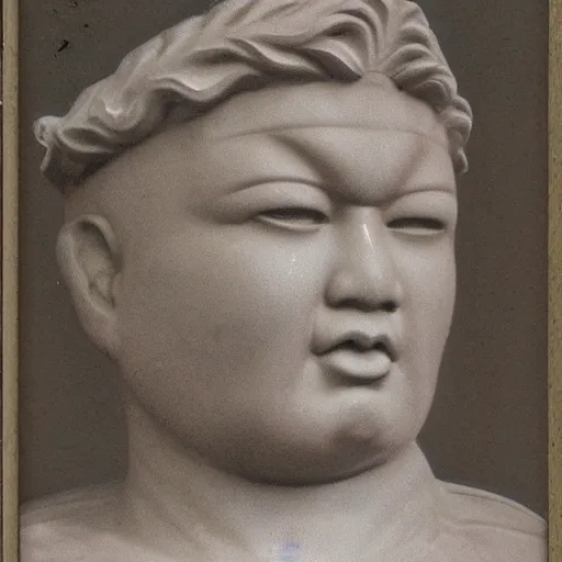 Prompt: polaroid photo of fragmented greek sculpture of kim jong un