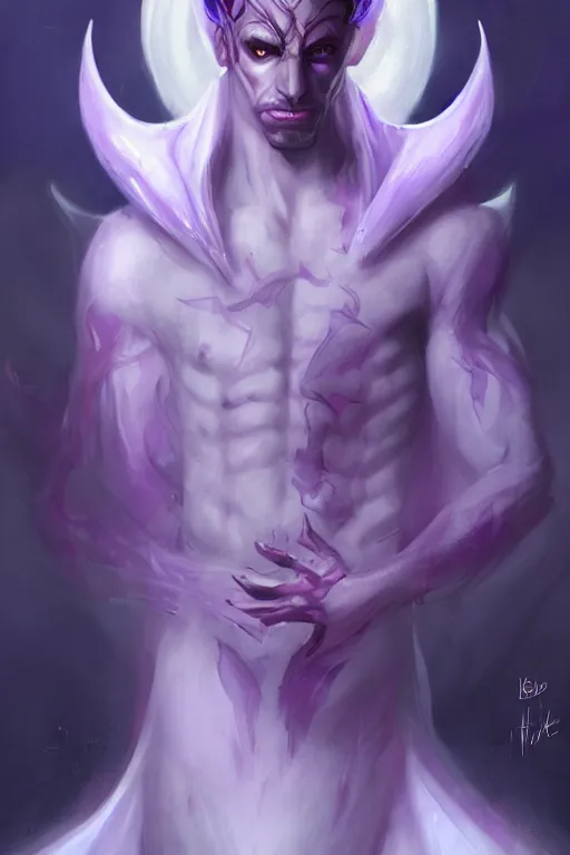 Image similar to male djinn man demon hybrid, portrait, concept art, full body purple and white cloak, single face, illustration, costume design, white horns, editorial photo, fashion, hyperrealism, realism, trending on artstation, Charlie Bowater, WLOP