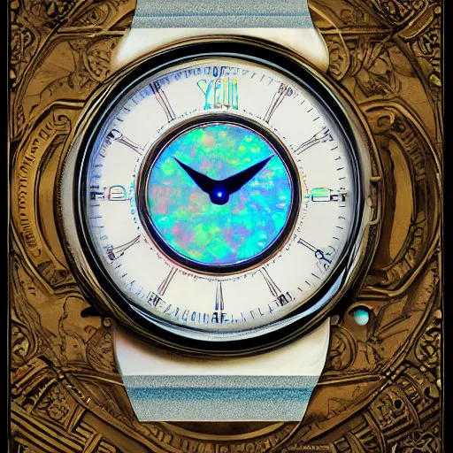 Image similar to detailed illustration of celestial watch from the far future with 3 7 descending dials and multiple glowing watch faces, mother of pearl opal blue eye, year 2 5 0 0, style of norman rockwell