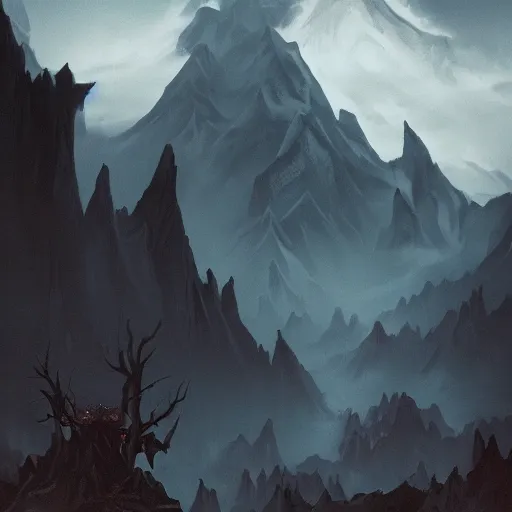 Image similar to place that is like nowhere but has mountains in the background with a doom infernal aesthetic, but also clean, with black tones, similar to a dream, with a lord of demons judging some lost souls with his skeleton pointing finger