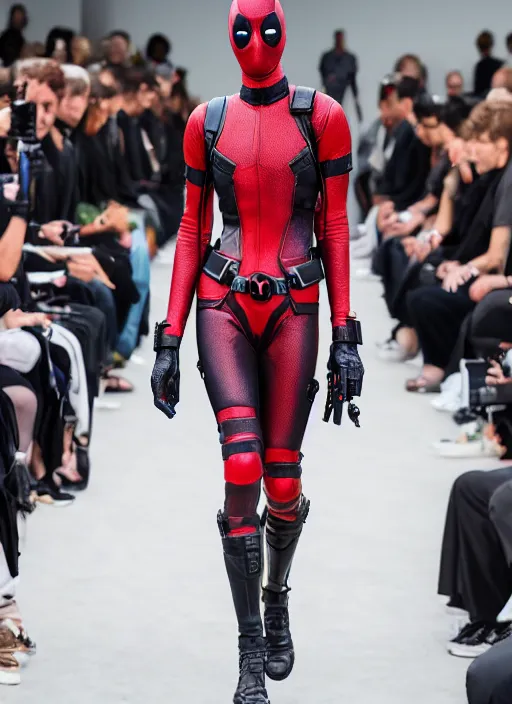 Image similar to hyperrealistic and heavy detailed balenciaga runway show of deadpool, leica sl 2 5 0 mm, vivid color, high quality, high textured, real life