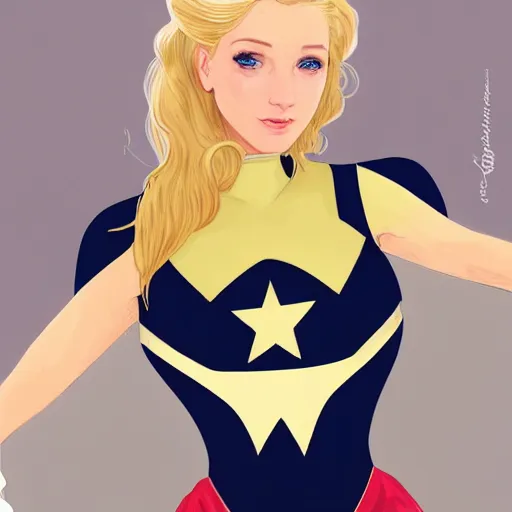 Prompt: a beautiful portrait of a beautiful cute superhero woman, blonde hair, matte navy - blue bodysuit with a white star and white cape, intricate, elegant, 8 k, hdr, vivid colors, highly detailed, digital painting, concept art, smooth, sharp focus, illustration, disney, by artgerm and loish and wlop and alphonse mucha