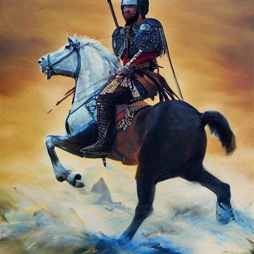 Prompt: Joe Biden as an ancient Mongolian warrior riding on horseback into battle, masterpiece oil painting, dynamic shot