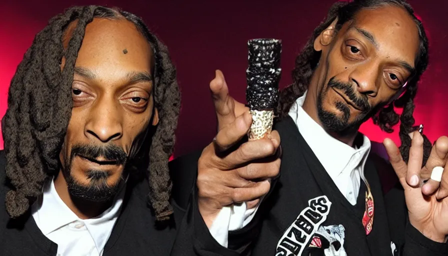 Image similar to Snoop Dogg smokes a big joint with red eyes