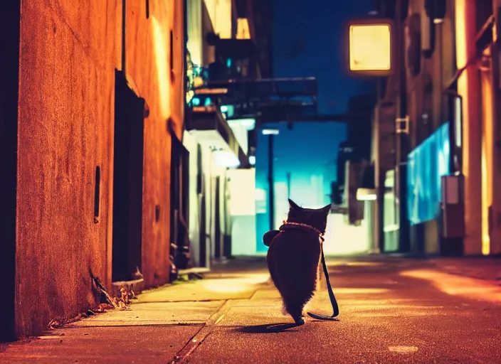 Image similar to photography of a Cat carrying a backpack . in a cyberpunk street. award winning photo, led lighting, night, 24mm, sharp, high res