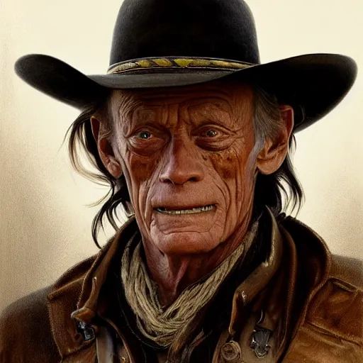 Image similar to a man, lance henriksen, cowboy hat, portrait, wild west, fantasy, highly detailed, digital painting, artstation, concept art, sharp focus, illustration, art by artgerm and greg rutkowski and alphonse mucha