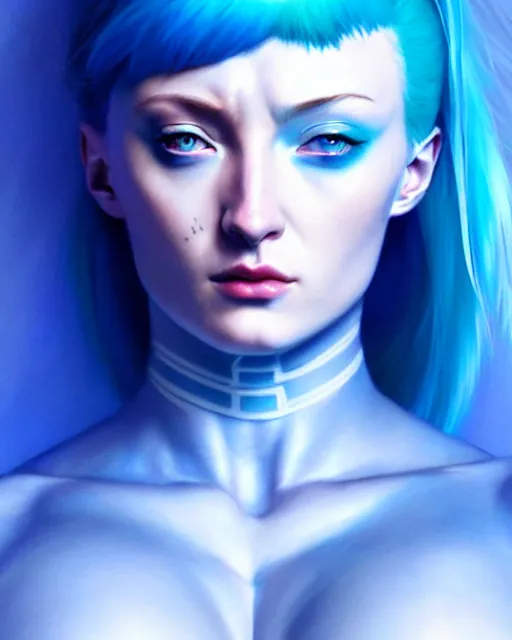 Prompt: electric blue haired cyborg muscular sophie turner in ghost in the shell poster, artgerm, jeremy lipkin, fine detail!!