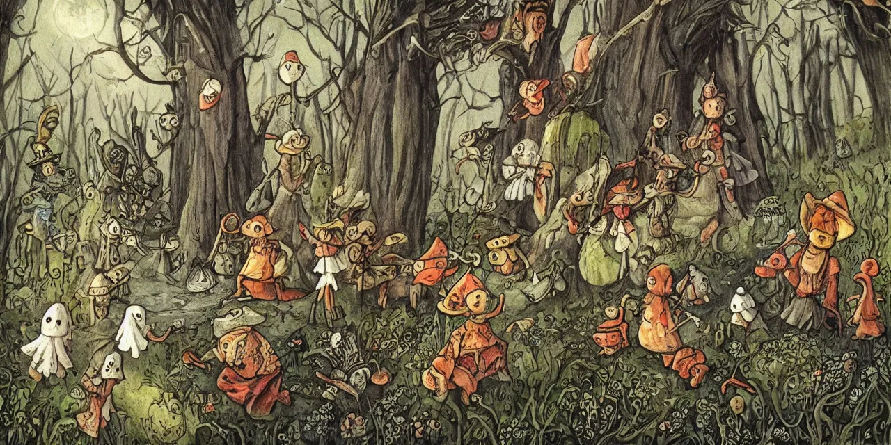 Image similar to medieval folktale ghosts and spiders fairies and toadstools, surreal sparse spooky fun delightful