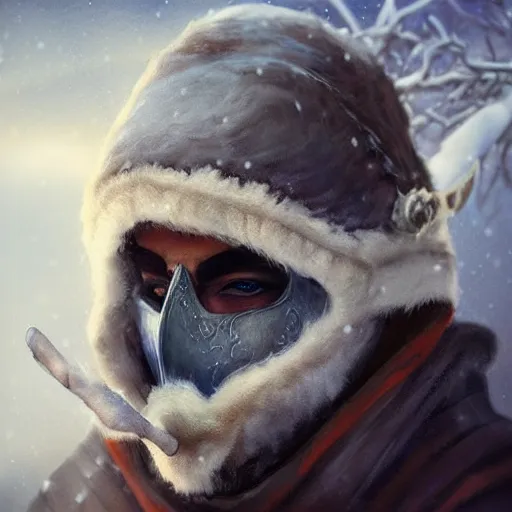 Image similar to “ fantasy snow bandit ‘ icewind dale ’ with mask, digital portrait by justin sweet, soft focus, oil paint, epic, artstation ”