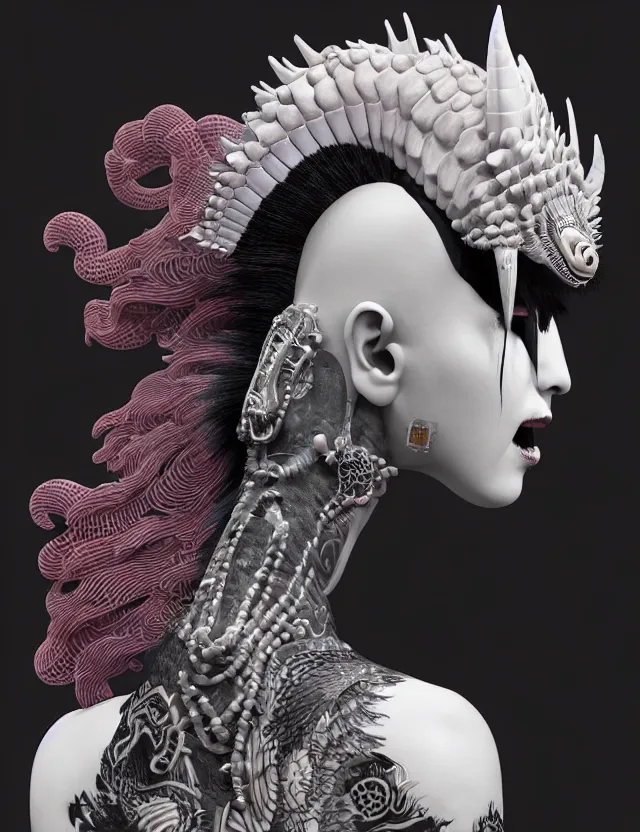 Image similar to 3 d goddess close - up profile simple portrait punk with mohawk with ram skull. beautiful intricately detailed japanese crow kitsune mask and clasical japanese kimono. betta fish, jellyfish phoenix, bio luminescent, plasma, ice, water, wind, creature, artwork by tooth wu and wlop and beeple and greg rutkowski