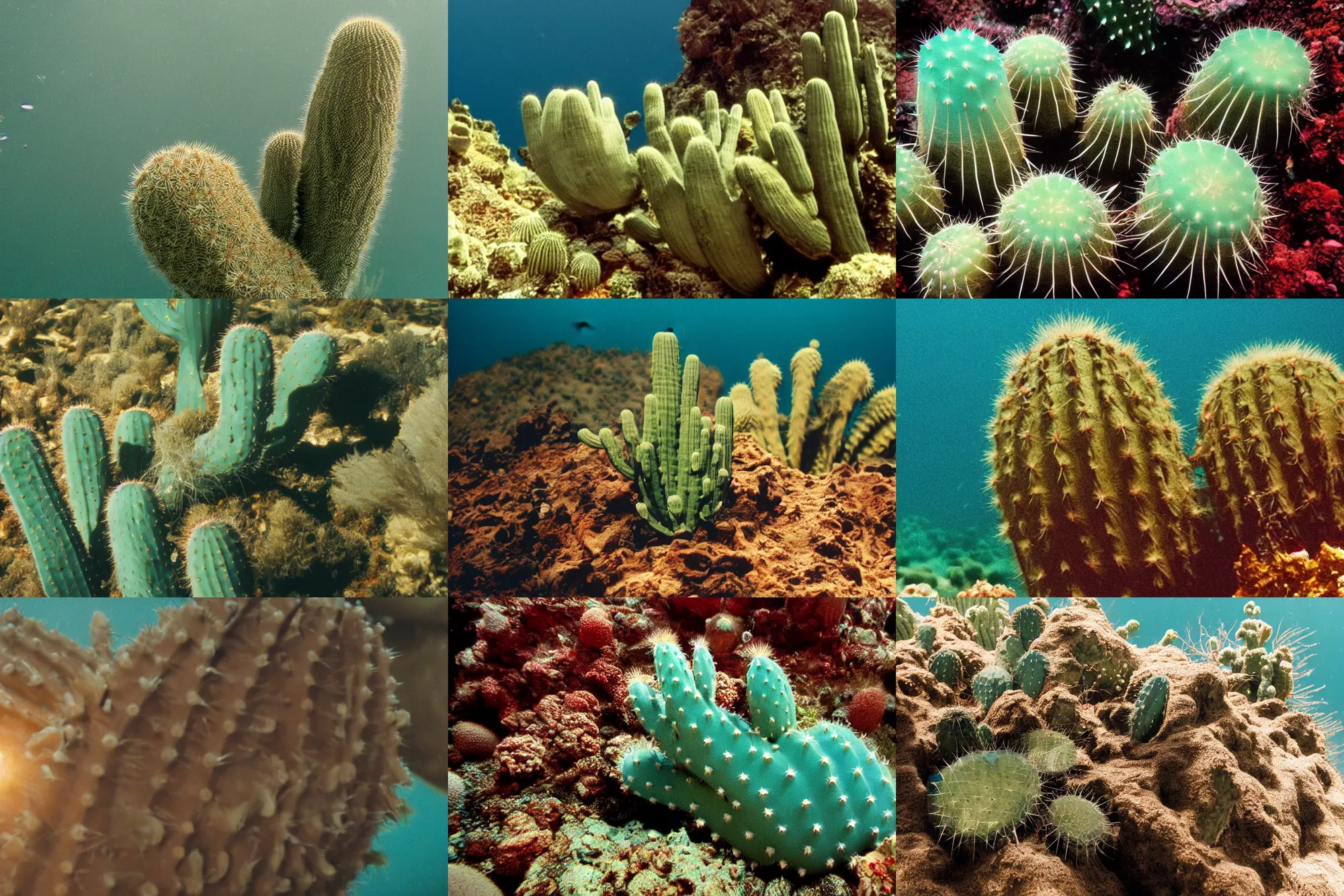 Prompt: dreamy film still of a cactus at the bottom of the ocean