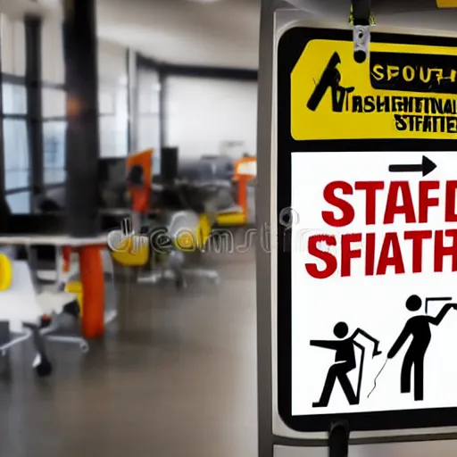 Prompt: OHS WHS occupational health safety workplace safety, text poster, warning, danger, lone worker tripping, hard hat, office stock image style