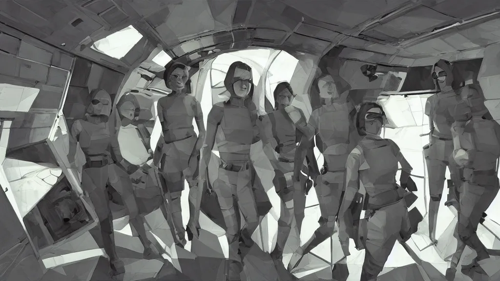 Image similar to all - female crew in a minimalistic, dark ( spaceship ), by jon foster, low poly.