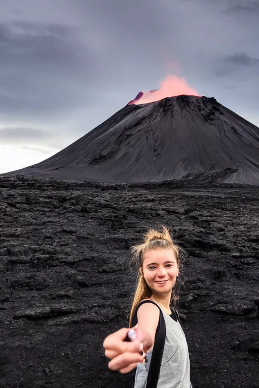 Image similar to girl taking selfie, blurred background, in front of icelandic volcano