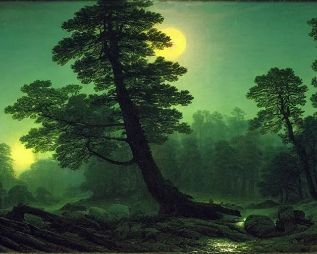 Prompt: forest landscape in the moonlight by caspar david friedrich, sebastian pether, giovanni grubacs, detailed