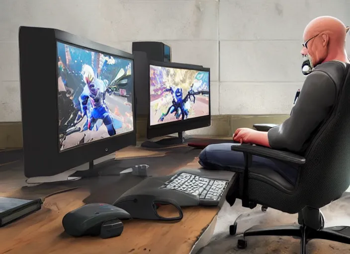 Prompt: realistic gamer walter white in real life on a gaming chair playing fortnite on his gamer pc