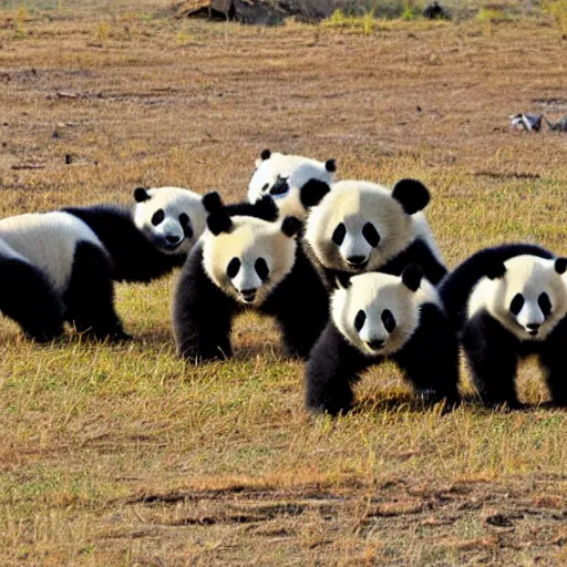 Prompt: a herd of hundreds of panda bears in the african savannah.