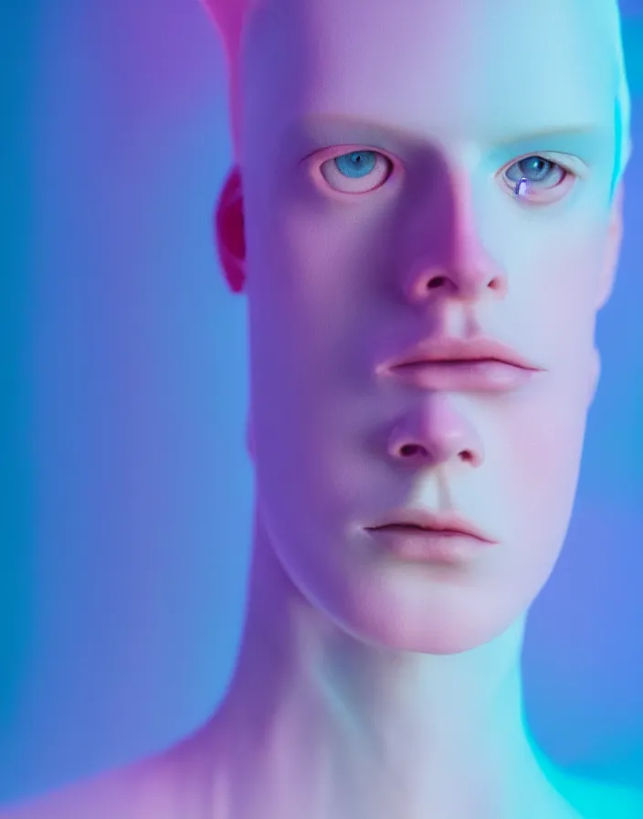 Image similar to high quality pastel coloured film close up photograph of an androgynous cyber model in an icelandic black rock!! environment in a dreamstate style. three point light. photographic. art directed. pastel colours. volumetric light. pastel gradient overlay. waves glitch. 8 k. filmic.