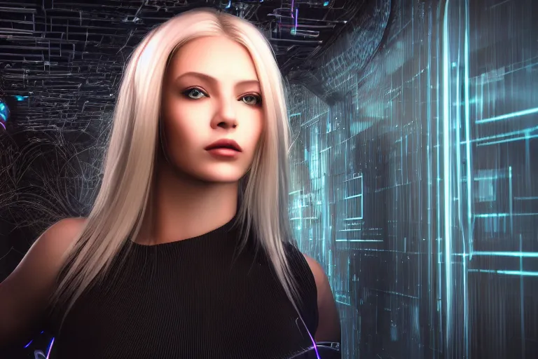 Prompt: a beautiful blonde girl trapped in the matrix, futuristic, cyberpunk, 3 d rendered, 3 d rendering, dramatic lighting, dark theme, hdr, unreal engine 5, hyper realistic