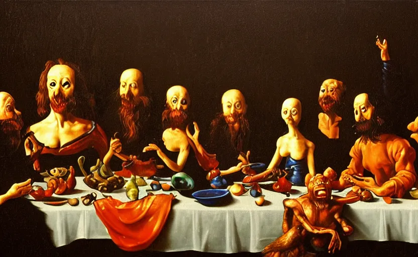 Image similar to disturbing colorful oil painting dark background dutch golden age vanitas still life beautiful composition last supper with bizarre monster busts, odd objects, shiny reflections bizarre symbols rachel ruysch dali todd schorr very detailed perfect composition rule of thirds masterpiece canon 5 0 mm, cinematic lighting, photography, retro, film, kodachrome