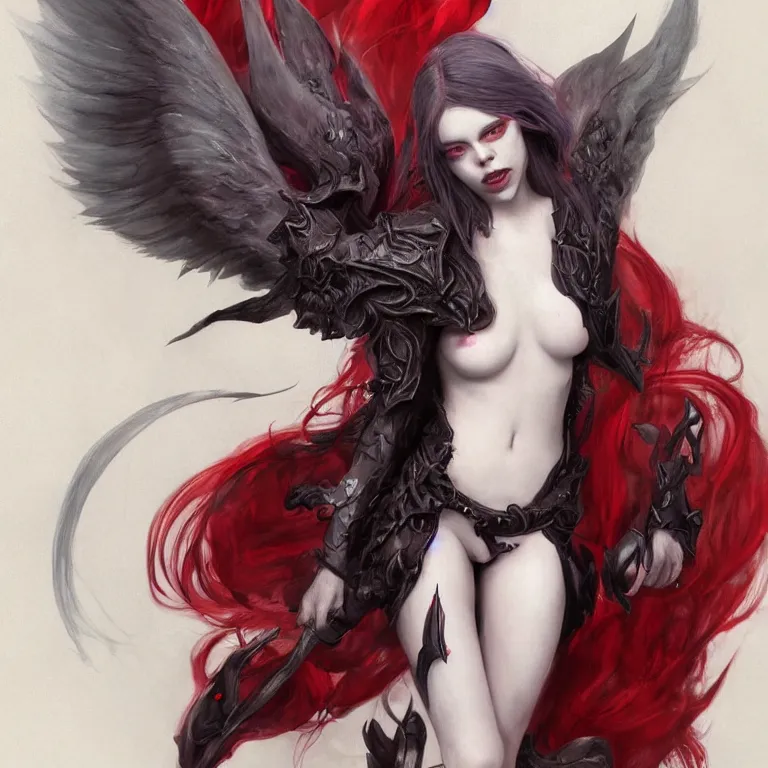 Prompt: Portrait of Billie Eilish as a beautiful pale laughing succubus maiden with dark wings, nimbus, and devil's horns, red lighting, masterpiece 4k digital illustration by Ruan Jia and Mandy Jurgens and Artgerm, highly detailed, trending on artstation, award winning