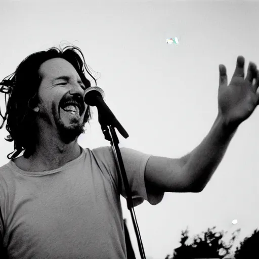 Prompt: 3 5 mm photograph of eddie vedder laughing at the moon