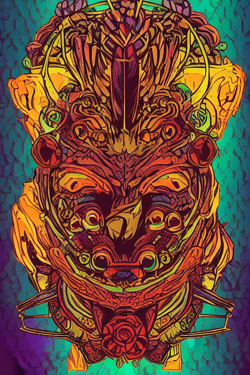 Image similar to animal mask totem roots flower tribal feather gemstone plant wood rock shaman vodoo video game vector cutout illustration vivid multicolor borderlands comics by josan gonzales and dan mumford radiating a glowing aura