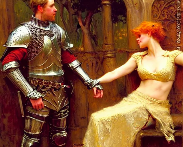 Image similar to arthur pendragon flirting wit his knight. the knight is also flirting back, highly detailed painting by gaston bussiere, craig mullins, j. c. leyendecker