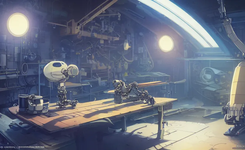 Image similar to an anime mechanical robot cat sleeping on a mechanics workbench in a spaceport in dieselpunk ghibli animated film, volumetric lighting, octane render by stanley artgerm, greg rutkowski, studio ghibli, alphonse mucha, norman rockwel, highly detailed, warm lighting, lens flare