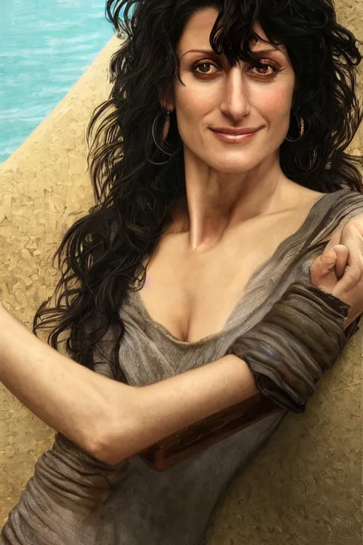 Image similar to painting of lisa edelstein,, ultra realistic, sharp details, subsurface scattering, intricate details, warm lighting, beautiful features, highly detailed, photorealistic, octane render, 8 k, unreal engine, art by artgerm and greg rutkowski and alphonse mucha