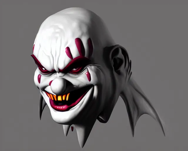 Prompt: 3d sculpt of a relief of a evil clown face with huge bat wings, skull, artstation, digital illustration, league of legends, dark souls