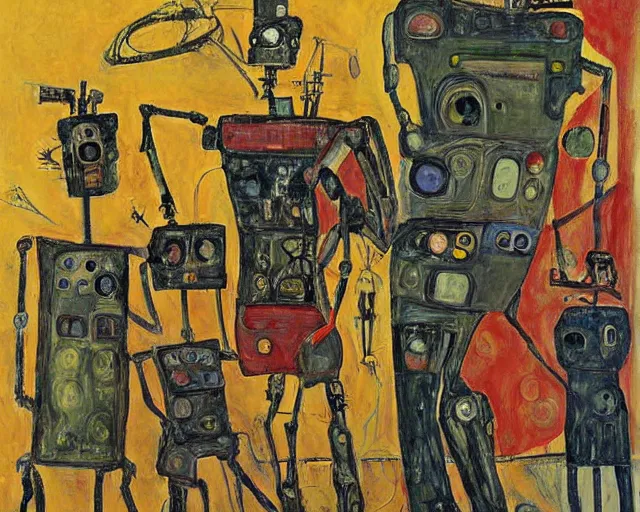 Image similar to a painting of a robot family by graham sutherland, egon schiele, expressionism