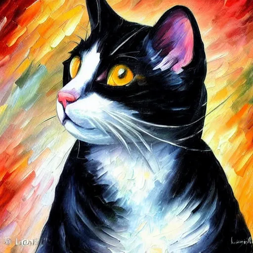 Prompt: painting of a black and white cat wearing a lab coat by Leonid Afremov