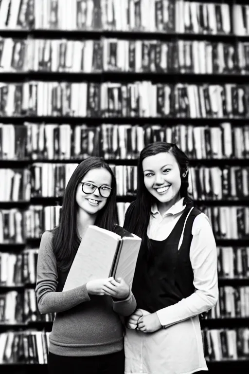Prompt: a happy, helpful faced young woman, a bookstore employee from a movie, black and white image, 3 5 mm lens studio photography